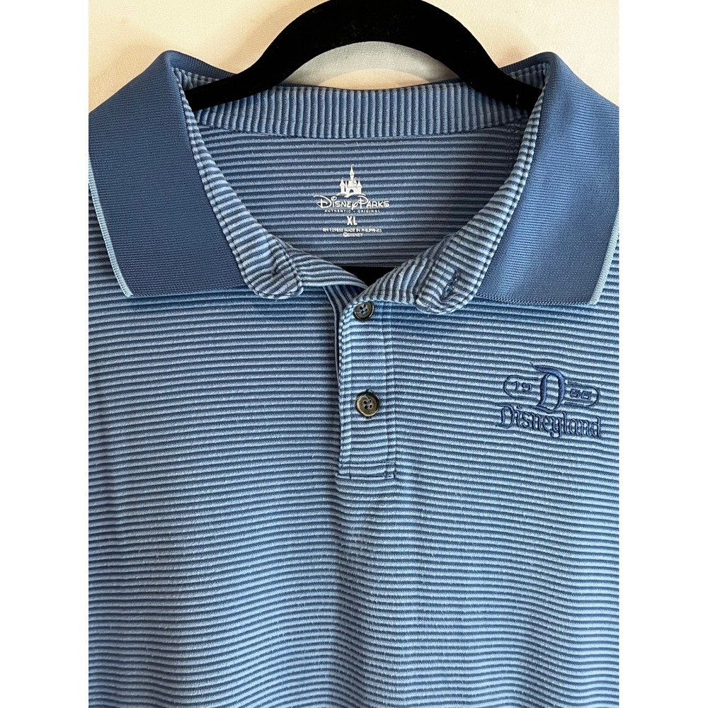 Disney Parks Mens XL Blue Striped Disneyland 1955 Golf Polo Shirt Short Sleeve